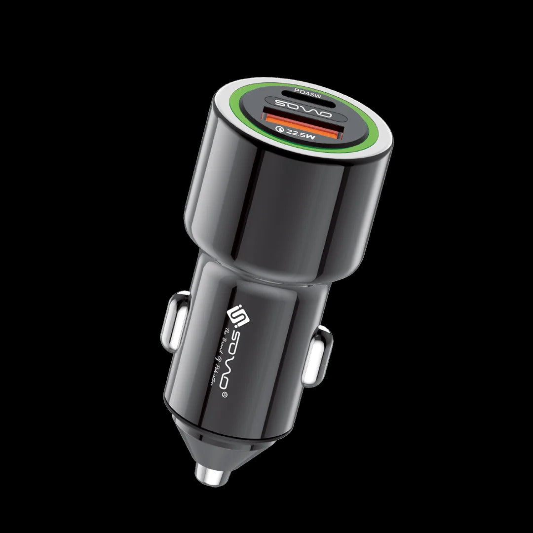 SOVO Fast Car Charger | Dual-Port USB-C PD & QC 3.0 | Super VOOC 65W Ultra-Speed Mobile Charging