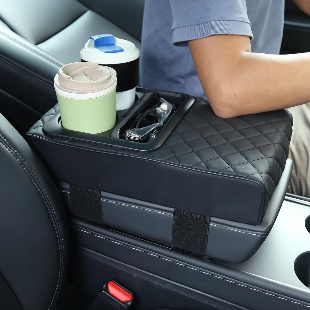 Premium PU Leather Car Armrest Cushion with Cup Holder & Storage Box | Universal Center Console Organizer Cover