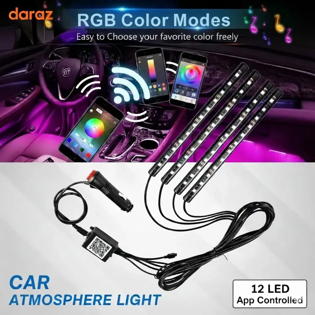 Smart RGB Car Atmosphere Light (12 LED Model) | App-Controlled Ambient Interior Foot & Mood Lighting